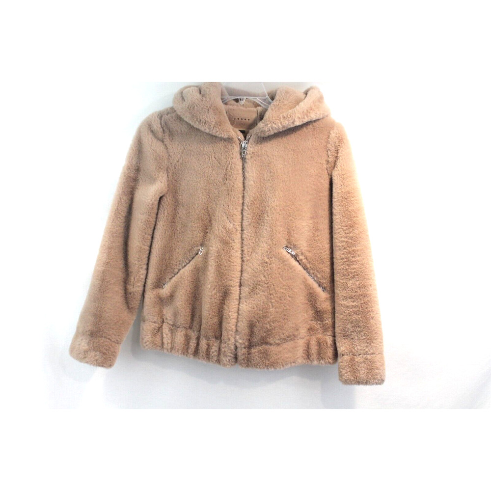 Blanknyc Siren Teddy Faux Fur Hooded Bomber Jacket size S Beige Lined Full Zip